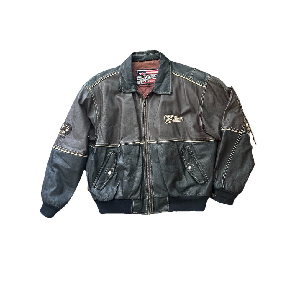 VTG 90s Michael Hoban USA Authentics Leather Bomber Jacket Size L Two Tone Patch
